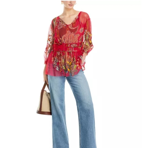 Johnny Was Biya Feather Lark Mesh Blouse Pink Floral Paisley Size L - Picture 10 of 13